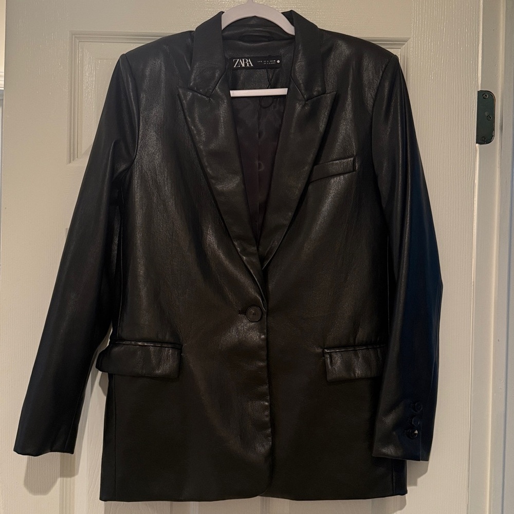 Zara Black Faux Leather Blazer Small - Picture 5 of 12